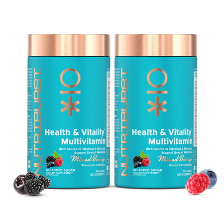 Nutriburst Health & Vitality Gummies With Multivitamins & Biotin (2x60 Gummies)(Mixed Berry Flavor)