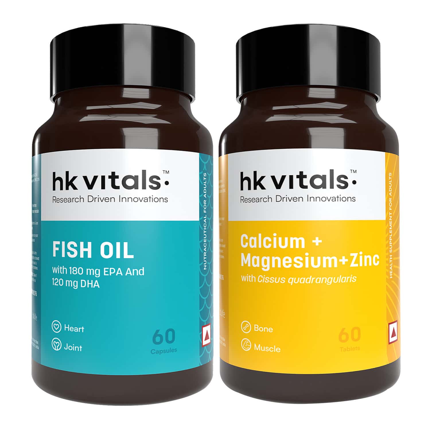 Hk Vitals Calcium | Magnesium | Zinc + Fish Oil (60 Each) | Combo | With Omega 3 & D3