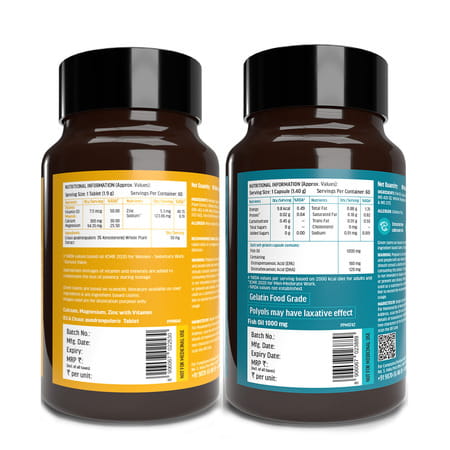 Hk Vitals Calcium | Magnesium | Zinc + Fish Oil (60 Each) | Combo | With Omega 3 & D3