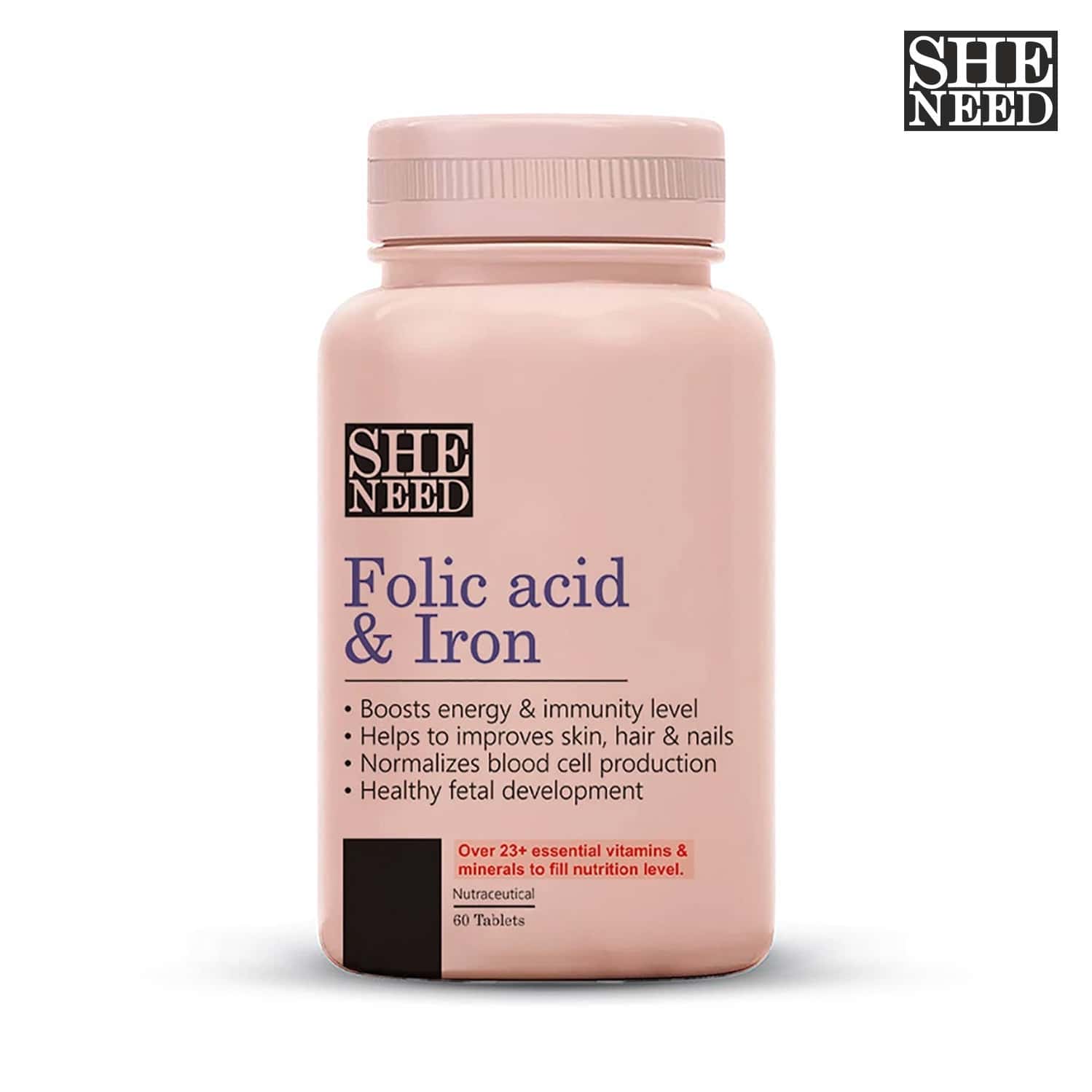 Sheneed Folic Acid & Iron Supplements For Supports Pregnancy & Iron Production 60 Tablets