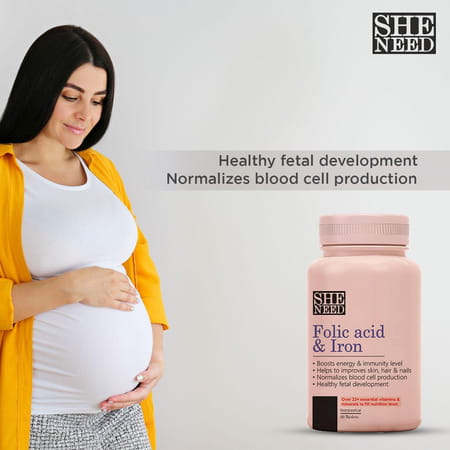 Sheneed Folic Acid & Iron Supplements For Supports Pregnancy & Iron Production 60 Tablets