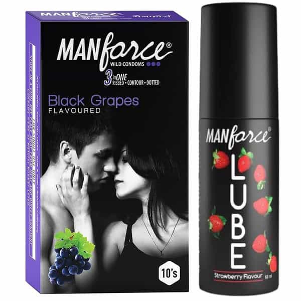 Manforce 3 In 1 Wild Black Grapes Flavored Condoms And Lube Lubrication Gel For Unisex-60Ml