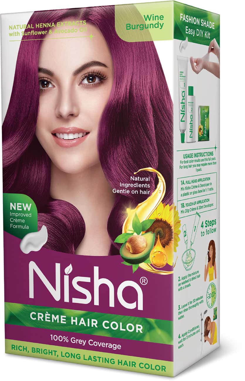 Nisha Creme Hair Color Wine Burgundy (60gm+60ml+18ml) Ammonia Free Permanent Hair Colour