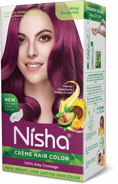 Nisha Creme Hair Color Wine Burgundy (60Gm+60Ml+18Ml) Ammonia Free Permanent Hair Colour