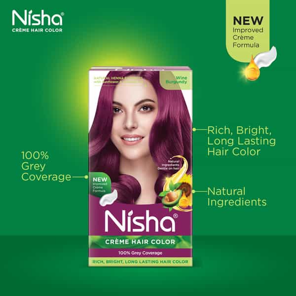 Nisha Creme Hair Color Wine Burgundy (60Gm+60Ml+18Ml) Ammonia Free Permanent Hair Colour