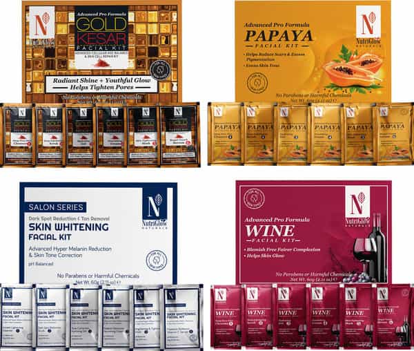 Nutriglow Natural's Set Of 4 Skin Whitening Gold Kesar Papaya Wine Facial Kit 60Gm Each