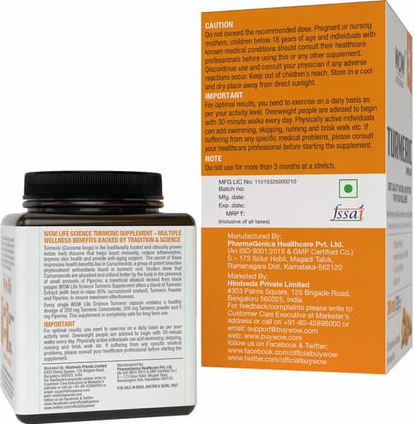 Wow Life Science Turmeric Capsules 200 Mg - 60 Vegetarian Capsules