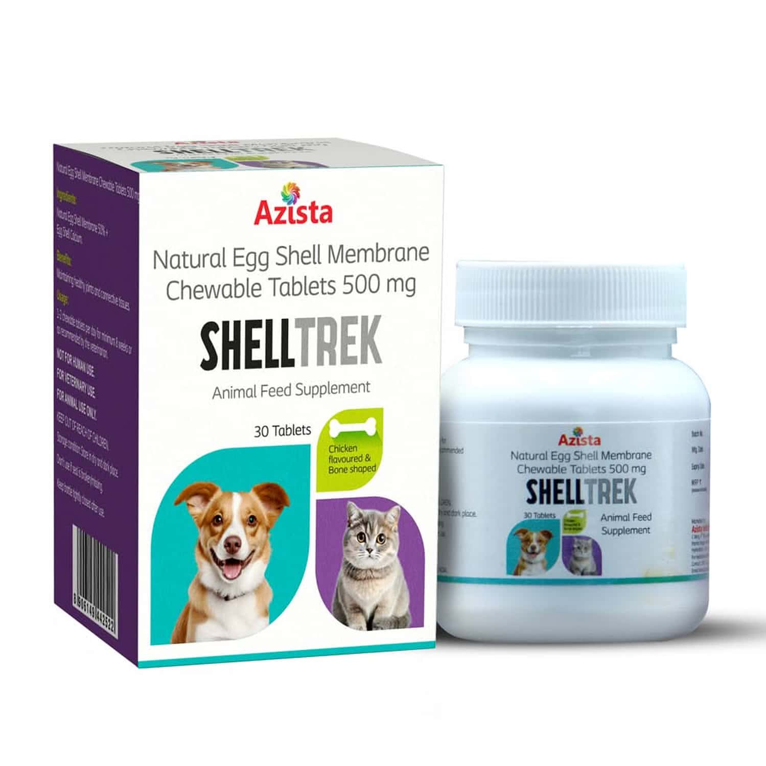 Azista Shelltrek Natural Eggshell Membrane 500mg For Dogs & Cats | Chicken Flavor - 30 Chewable Tabs