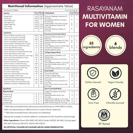 Rasayanam Multivitamin For Women | 55 Ingredients | Energy | Skin & Immunity 180 Tablets (Pack Of 3)