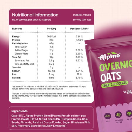 Alpino High Protein Overnight Super Oats Dark Chocolate Pouch 1 Kg