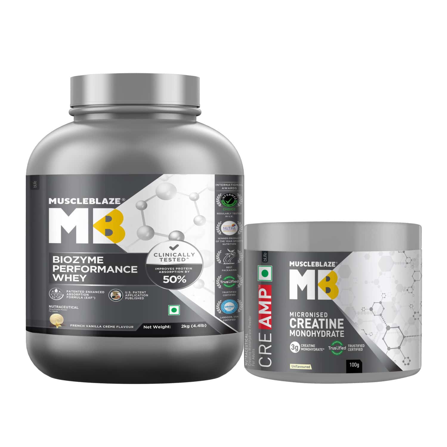 Muscleblaze Biozyme Whey (vanilla | 2kg) + Creatine Creamp (100g | Unflavoured) | Combo Pack
