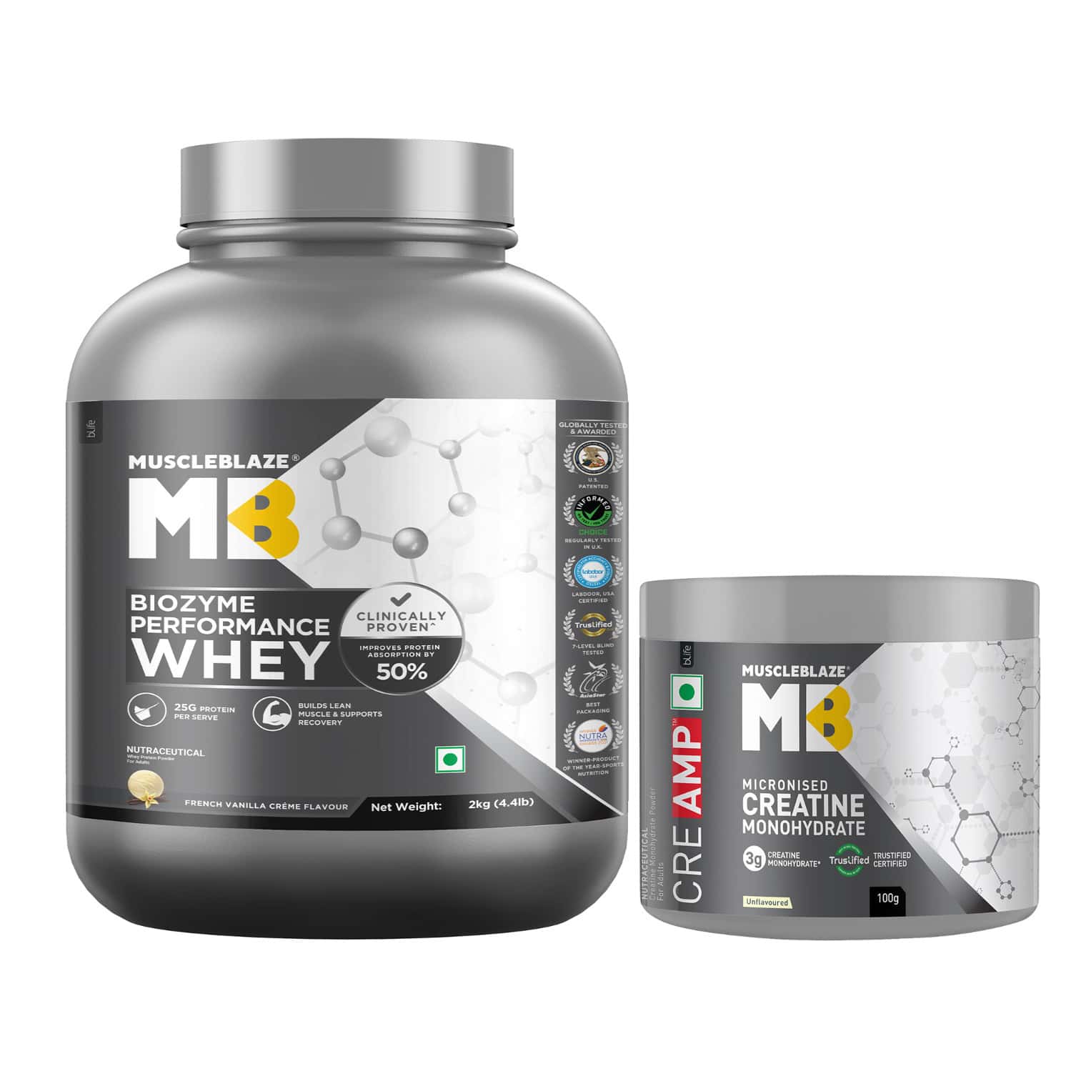 Muscleblaze Biozyme Performance Whey Protein | French Vanilla Crme | 2kg & Creatine | Combo Pack
