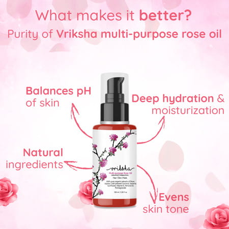 Vriksha Multi Purpose Rose Oil For Face | Skin | Hair & Nails With Organic Extracts Of Rose | 100 Ml