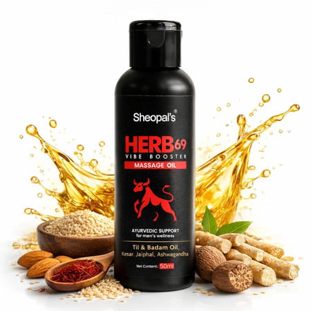 Sheopals Herb 69 Vibe Booster Ayurvedic Massage Oil For Men - 50ml | Potent Blend 8 Powerful Herbs