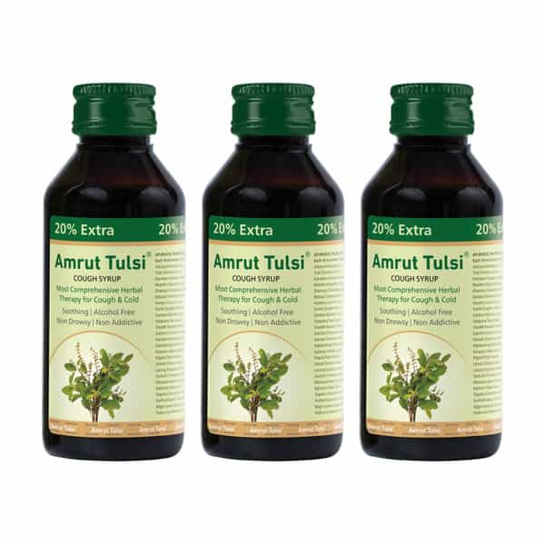 Amrut Tulsi Herbal Cough Syrup With 6 Tulsi Lozenges |Cough | Cold & Throat Care|120 Ml (Pack Of 3)