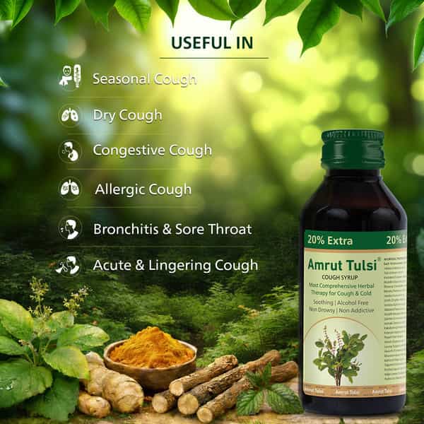 Amrut Tulsi Herbal Cough Syrup With 6 Tulsi Lozenges |Cough | Cold & Throat Care|120 Ml (Pack Of 3)