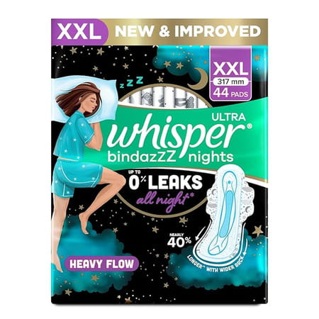Whisper Bindazzz Nights Xxl Sanitary Pads | Upto 0% Leaks All Night Long | For Heavy Flow - 44n