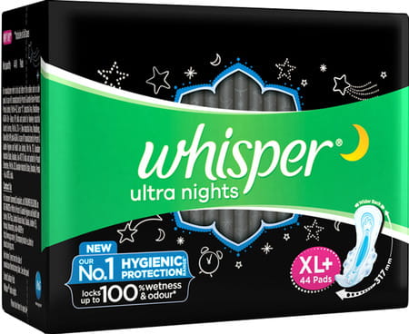 Whisper Bindazzz Nights Xxl Sanitary Pads | Upto 0% Leaks All Night Long | For Heavy Flow - 44n