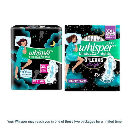 Whisper Bindazzz Nights Xxl Sanitary Pads | Upto 0% Leaks All Night Long | For Heavy Flow - 44n