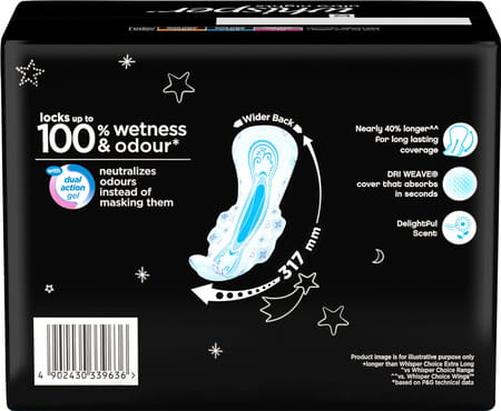 Whisper Bindazzz Nights Xxl Sanitary Pads | Upto 0% Leaks All Night Long | For Heavy Flow - 44n