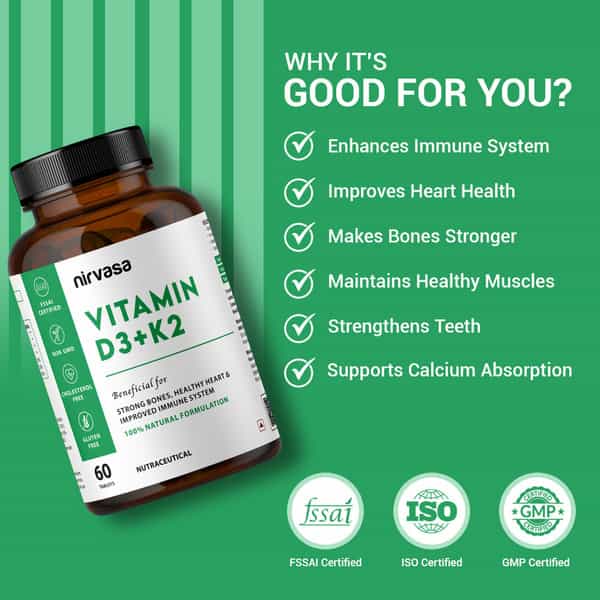 Nirvasa Vitamin D3 + K2 Tablets | To Support Bone & Heart Health ( 60 Tablets)