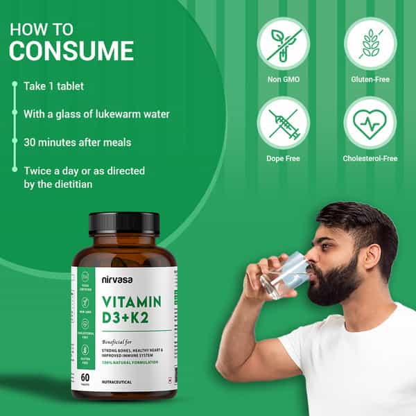 Nirvasa Vitamin D3 + K2 Tablets | To Support Bone & Heart Health ( 60 Tablets)
