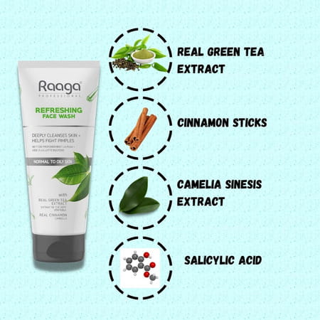 Raaga Professional Refreshing Facewash, With Green Tea Extract & Cinnamon, Normal To Oily Skin, 80ml