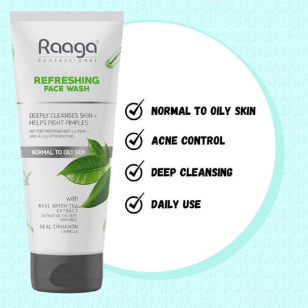 Raaga Professional Refreshing Facewash, With Green Tea Extract & Cinnamon, Normal To Oily Skin, 80ml