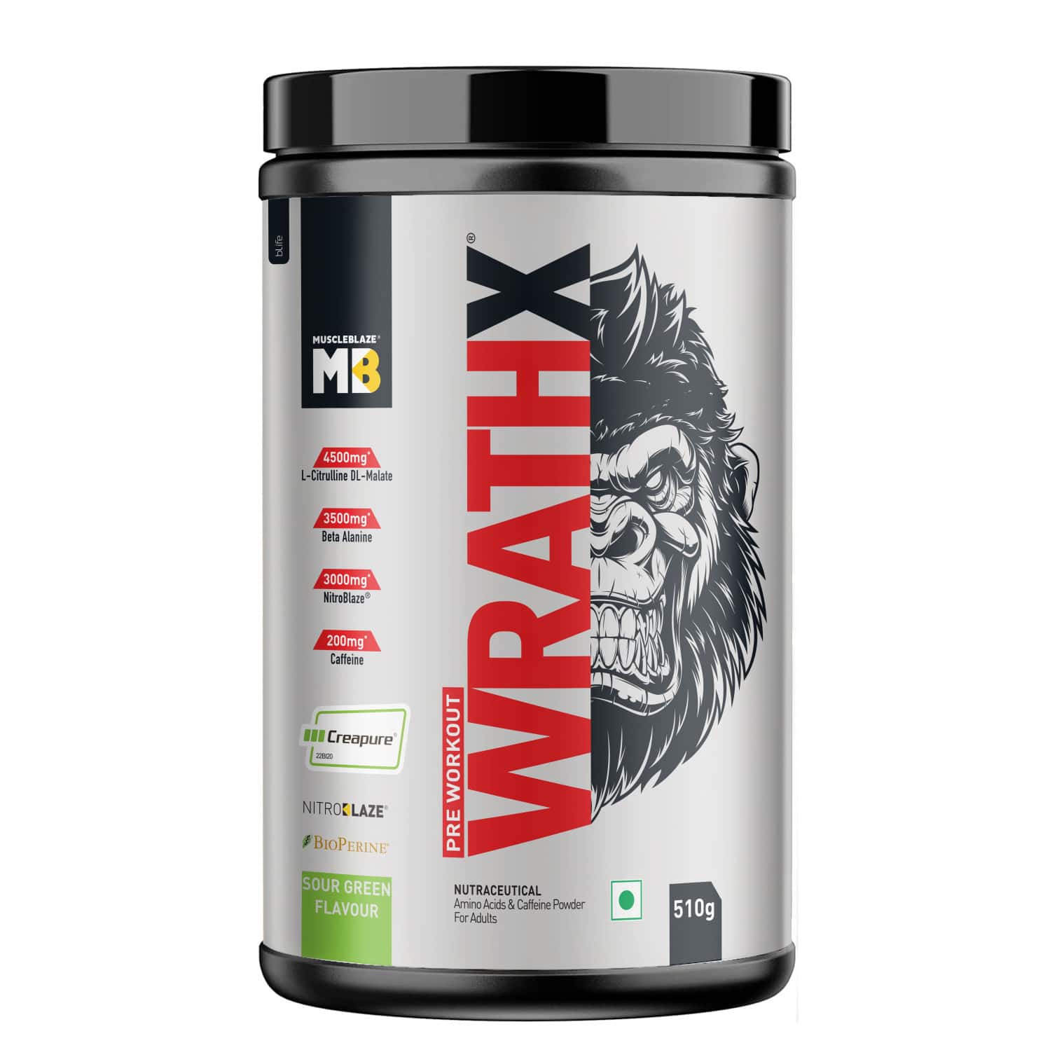 Muscleblaze Pre Workout Wrathx With Creapure® | Nitroblaze & Bioperine (sour Green | 510g)