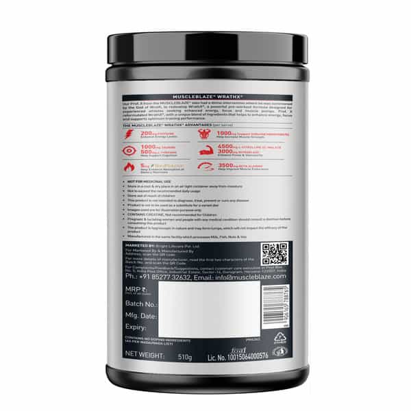 Muscleblaze Pre Workout Wrathx With Creapure® | Nitroblaze & Bioperine (Sour Green | 510G)