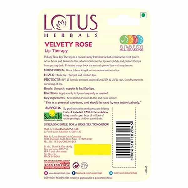 Lotus Lip Therapy Velvety Rose Lip Balm 4 Gm