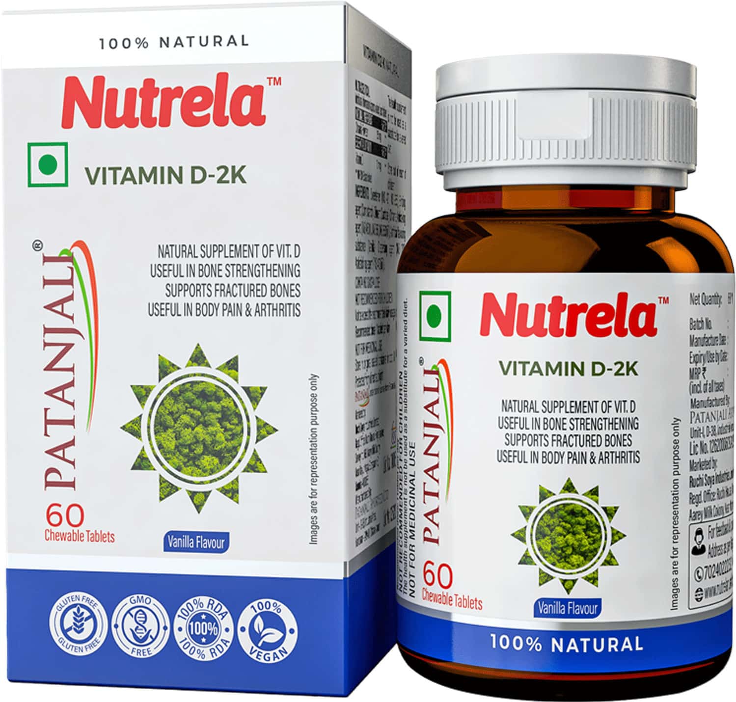Patanjali Nutrela Vitamin D Natural 15g | For Bone Strength - 1 Bottle (60 Chewtab)