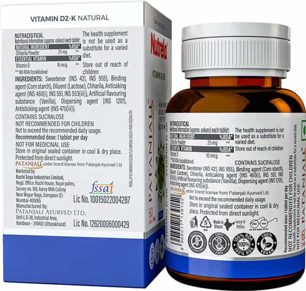 Patanjali Nutrela Vitamin D Natural 15G | For Bone Strength - 1 Bottle (60 Chewtab)