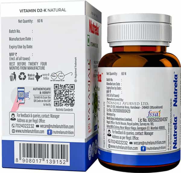 Patanjali Nutrela Vitamin D Natural 15G | For Bone Strength - 1 Bottle (60 Chewtab)