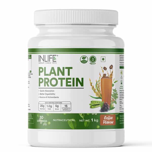 Inlife Plant Protein Powder - Pea | Quinoa & Brown Rice - 25G Protein (Coffee | 1Kg)