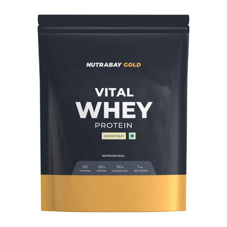 Nutrabay Gold Vital Whey Protein For Beginners | 20.4g Protein - 1kg | Kesar Kulfi