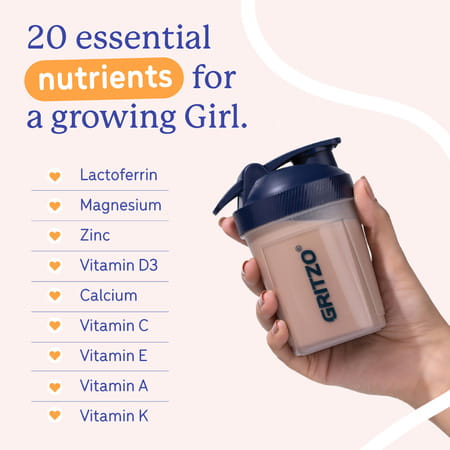 Gritzo Supermilk Growth+ (10-12Y Girls) | 12G Protein (Double Chocolate | 400G) | Zero Refined Sugar