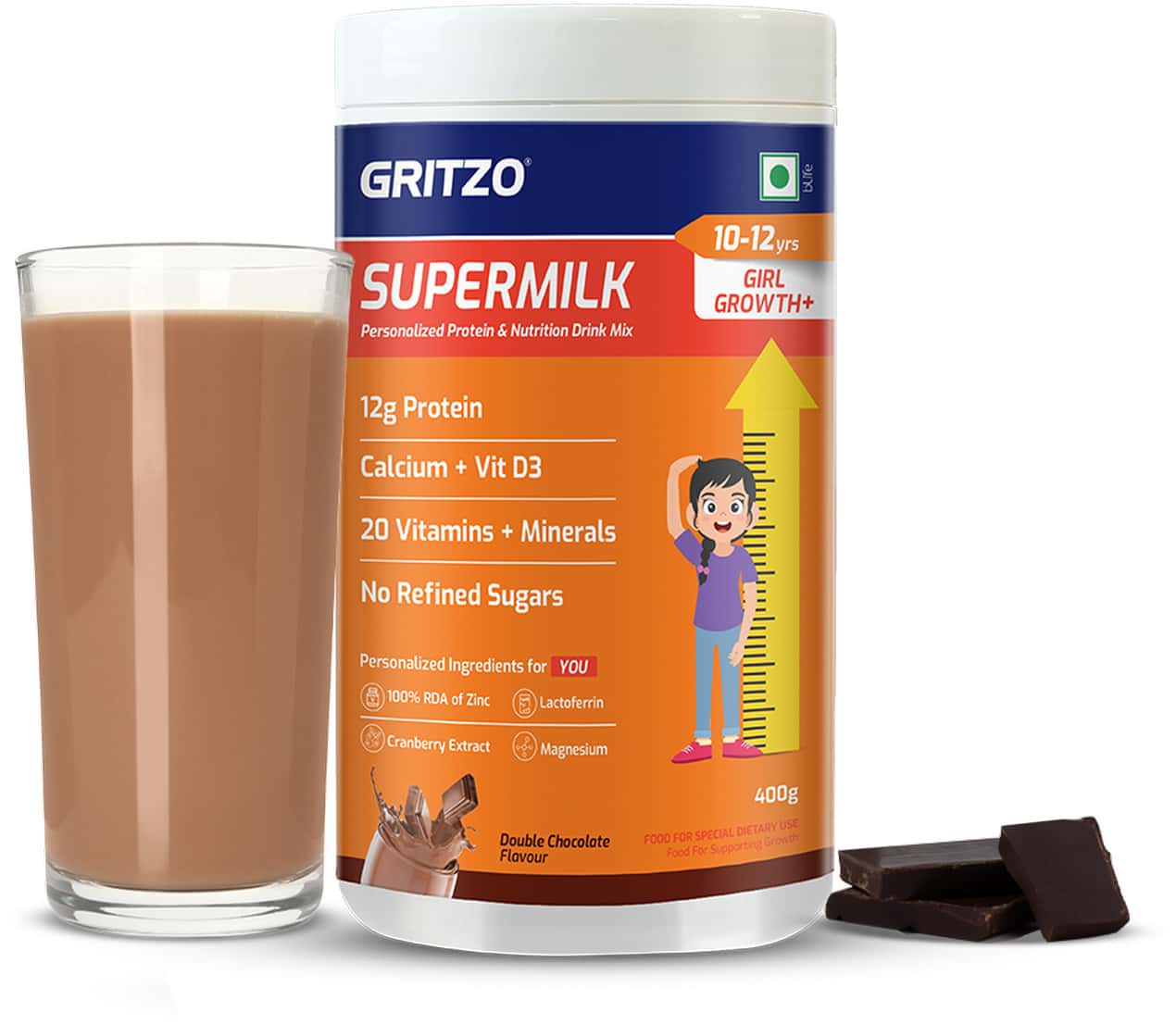 Gritzo Supermilk Growth+ (10-12y Girls) | 12g Protein Powder (double Chocolate | 400g)