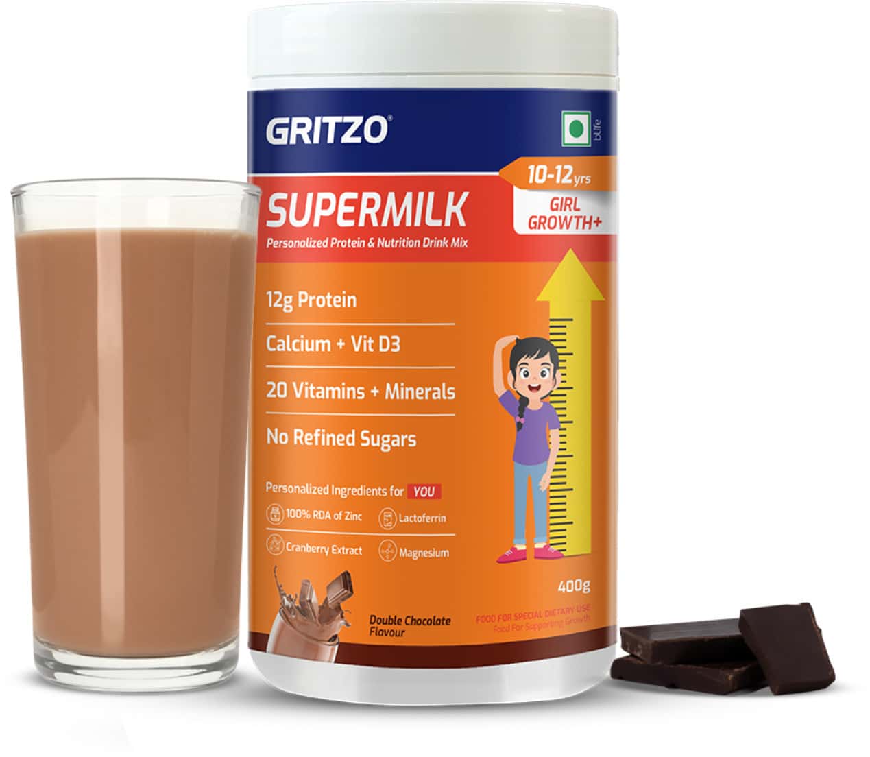Gritzo Supermilk Growth+ (10-12y Girls) | 12g Protein Powder (double Chocolate | 400g)