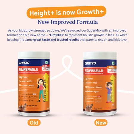 Gritzo Supermilk Growth+ (10-12y Girls) | 12g Protein Powder (Double Chocolate | 400g)