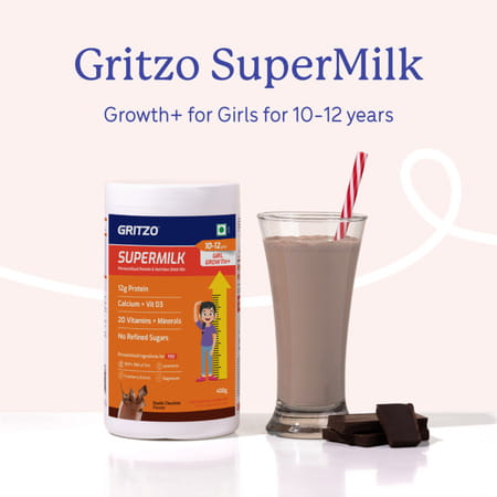 Gritzo Supermilk Growth+ (10-12y Girls) | 12g Protein Powder (Double Chocolate | 400g)