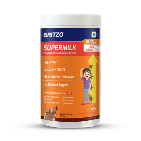Gritzo Supermilk Growth+ (10-12Y Girls) | 12G Protein Powder (Double Chocolate | 400G)