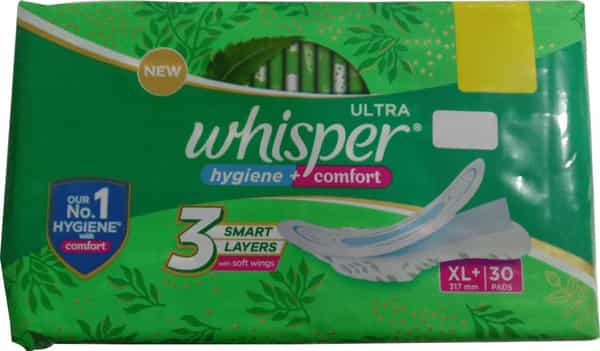Whisper Ultra Hygiene + Comfort Sanitary Pads With Wings 30 Pieces (Xl Plus)