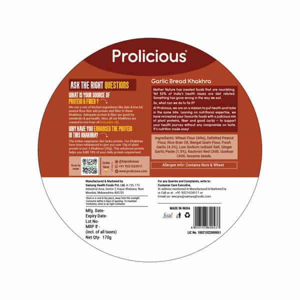 Prolicious 2X Protein Garlic Bread Khakhra | No Palm Oil | Crispy Snack | 170G (Pack Of 3)