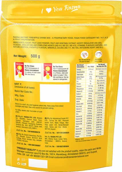Rasna International Instant Pineapple 500G Pouch