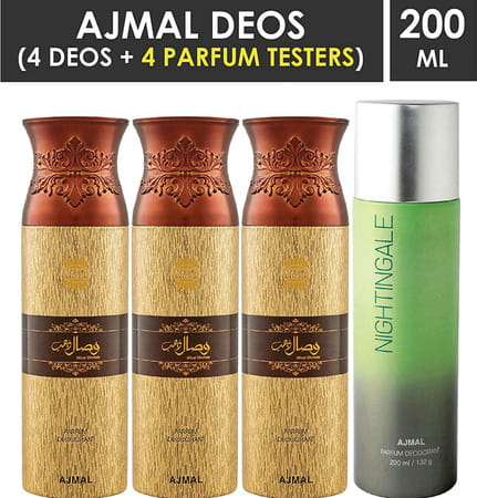 Ajmal 3 Wisal Dhahab For Men And 1 Nightingale For Men & Women Deodorants Each 200Ml Combo Pack Of 4