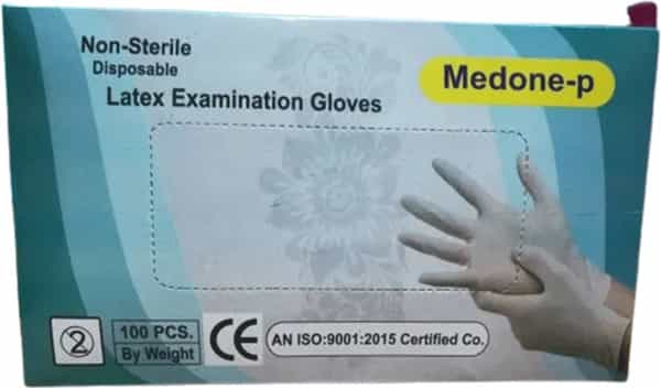 Medone-P Non Sterile Latex Examination Hand Gloves - Box Of 50 Pairs (M Size)