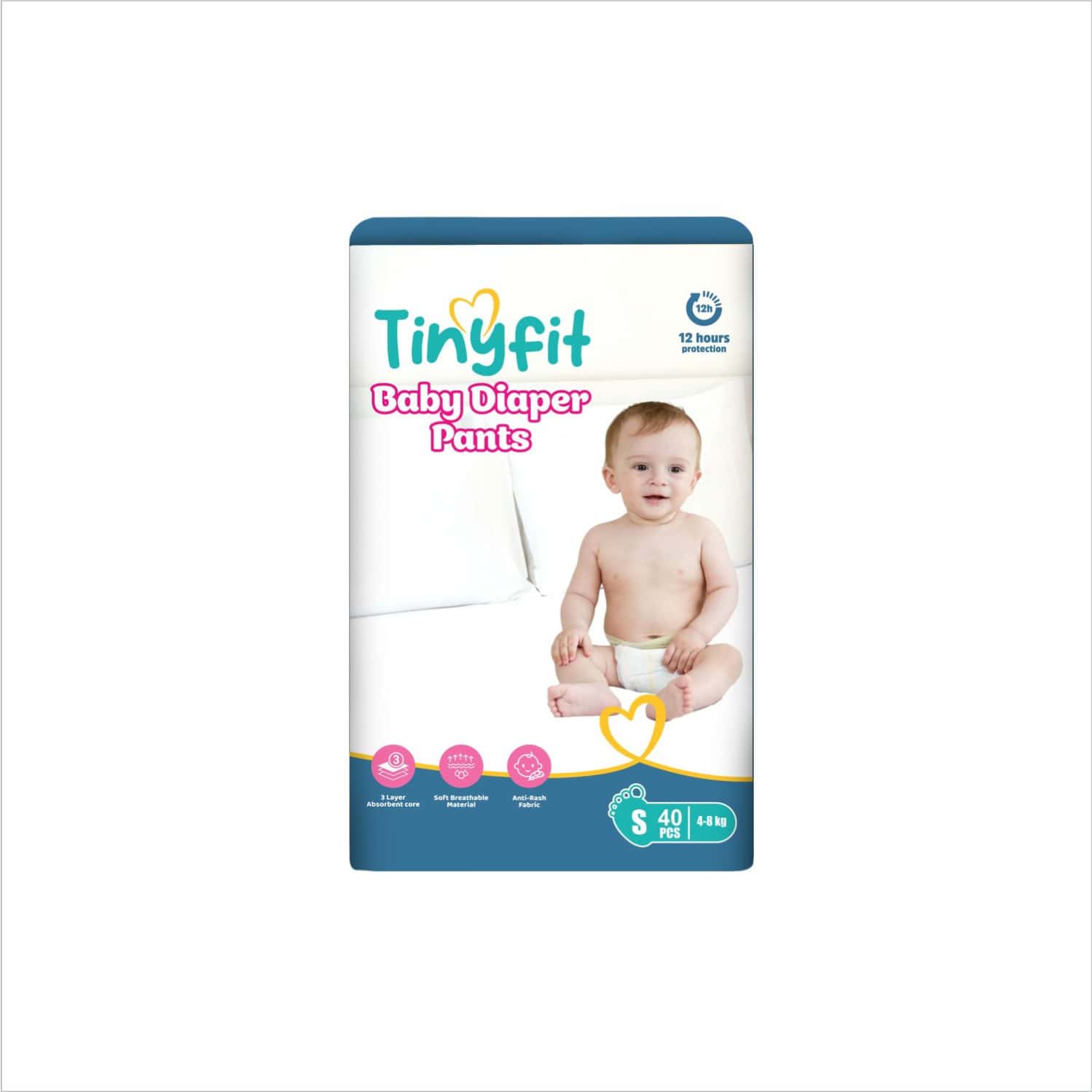 Tinyfit Baby Diaper Pants Small| Bubble Soft Bed| Multi-Layer Absorption Upto 12 Hrs - S (40 Pieces)