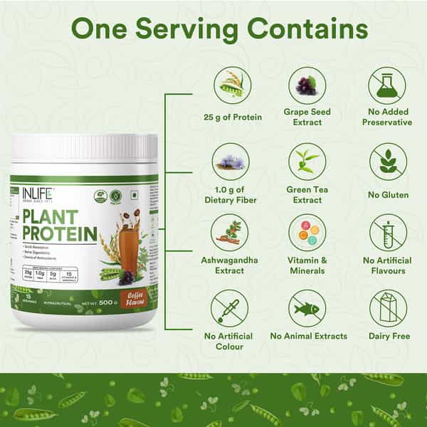 Inlife Plant Protein Powder - Pea | Quinoa & Brown Rice - 25G Protein (Coffee | 500G)