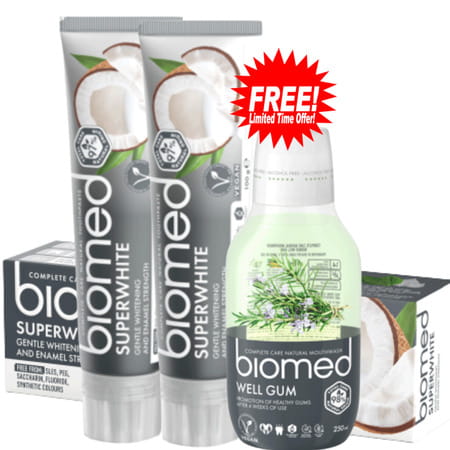 Biomed Superwhite Natural Toothpaste - Buy Two Get One Mouthwash Free -100gm